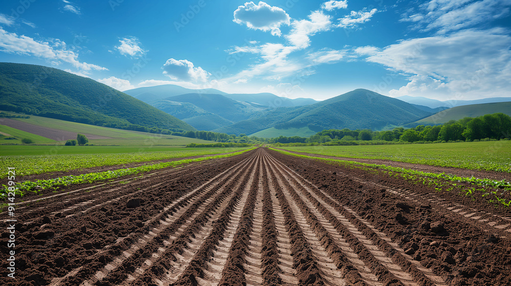 Freshly plowed fields with young crops and mountain backdrop under blue sky Freshly plowed fields with young crops and mountain backdrop under blue sky