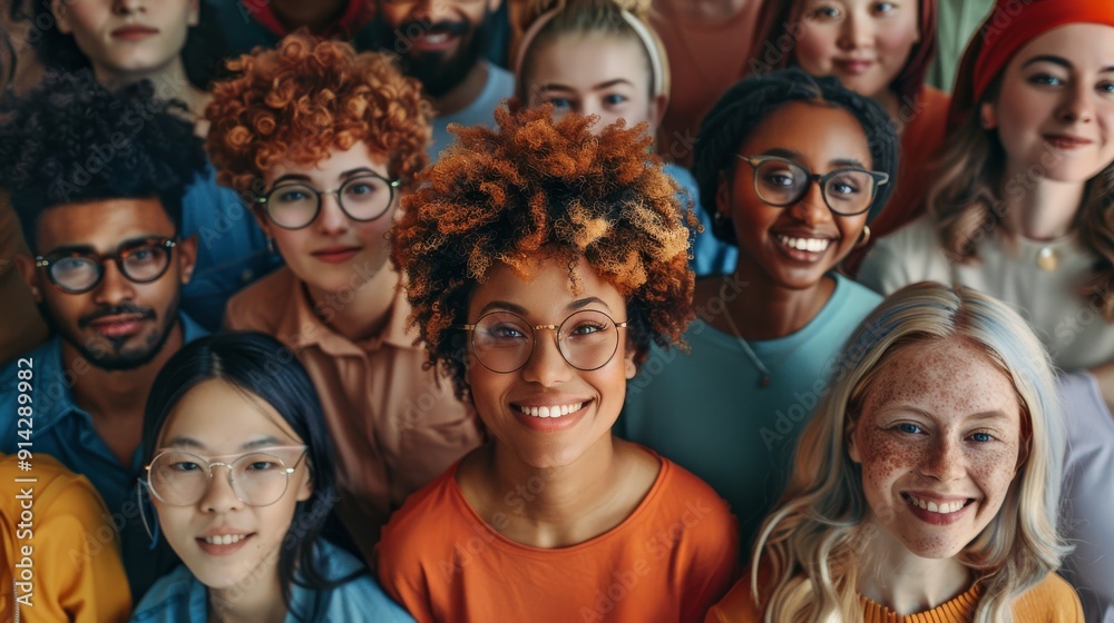 Fototapeta premium group of people of different body types, ethnicities, and ages smiling and embracing each other, celebrating body positivity and breaking stereotypes