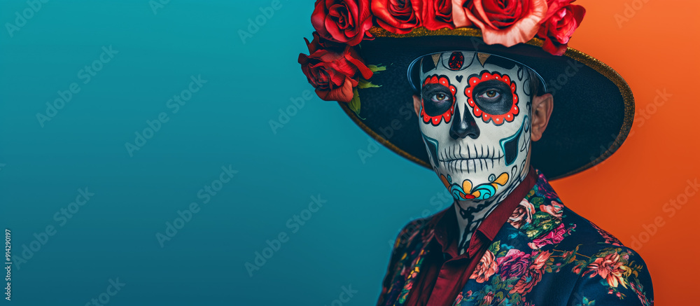 A man in a Day of the Dead mask and hat adorned with roses, featuring an elaborate skull design face paint. He wears traditional Mexican attire, the festive spirit of this cultural celebration. A man in a Day of the Dead mask and hat adorned with roses, featuring an elaborate skull design face paint. He wears traditional Mexican attire, the festive spirit of this cultural celebration.