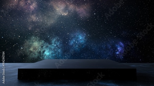 A photo of an empty 3D podium with a sleek black finish, set against the vastness of space and distant galaxies