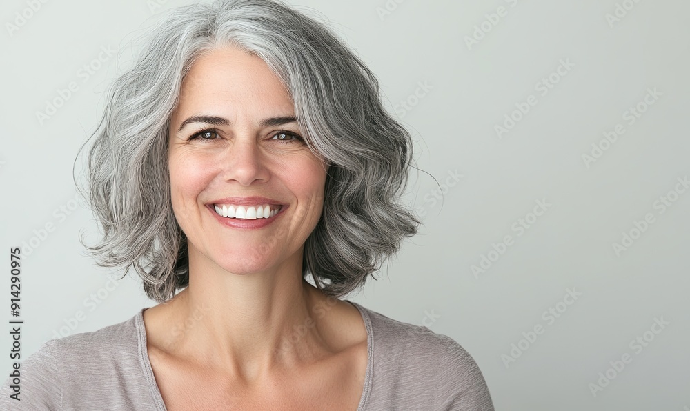 A cheerful woman with gray hair, smiling broadly, on a light gray background. A cheerful woman with gray hair, smiling broadly, on a light gray background.