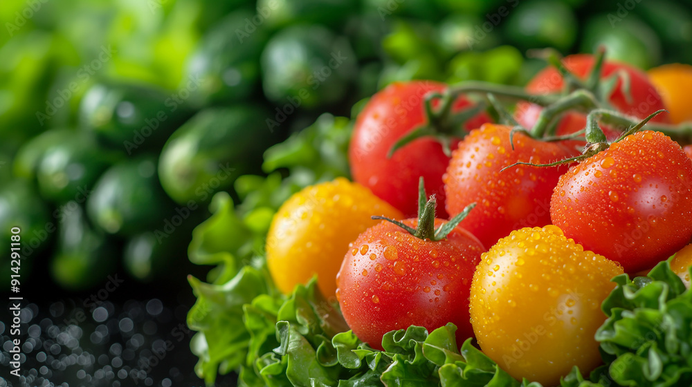 Banner with Fresh tomatoes and cucumbers with lettuce in a vibrant garden harvest Banner with Fresh tomatoes and cucumbers with lettuce in a vibrant garden harvest