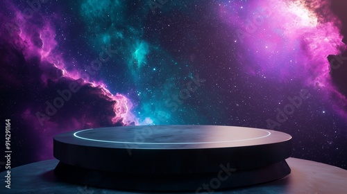 A photo of an empty 3D podium with a futuristic design, floating in space with stars in the background