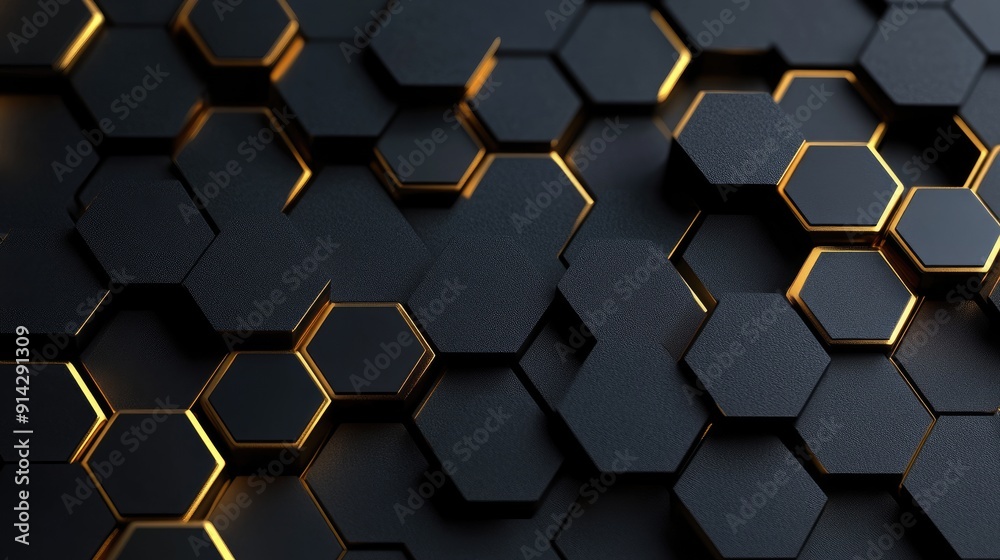 Elegant 3D background with dark hexagons and subtle gold accents, luxurious design Elegant 3D background with dark hexagons and subtle gold accents, luxurious design