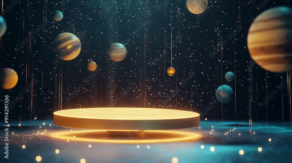 A photo of an empty 3D podium with a floating design, surrounded by twinkling stars and planets A photo of an empty 3D podium with a floating design, surrounded by twinkling stars and planets