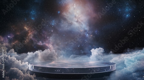 A photo of an empty 3D podium with a transparent surface, hovering in front of a colorful nebula