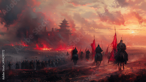 Crimson Siege: A dramatic and epic depiction of a fierce battle in ancient China, with red flags billowing in the wind and a burning castle in the distance. The image evokes a sense of chaos, bravery,