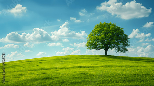 Lone tree on a grassy hill under a bright blue sky with fluffy clouds
