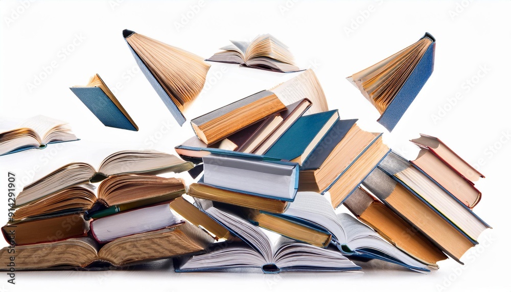 Obraz premium A pile of books flying in the air isolated on a white background