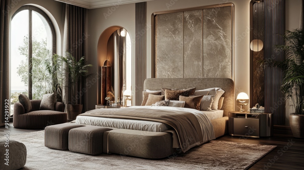 Fototapeta premium Elegant 3D bedroom with luxurious decor and soft textures, sophisticated interior design