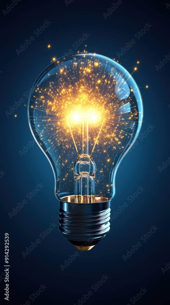 Glowing light bulb on blue background with sparks Glowing light bulb on blue background with sparks