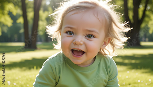 Sunlit Playtime High-Resolution Close-Up of a Happy Caucasian Toddler with Expressive Face, Set Against a Blurred Green Park Background with Filtered Sunlight