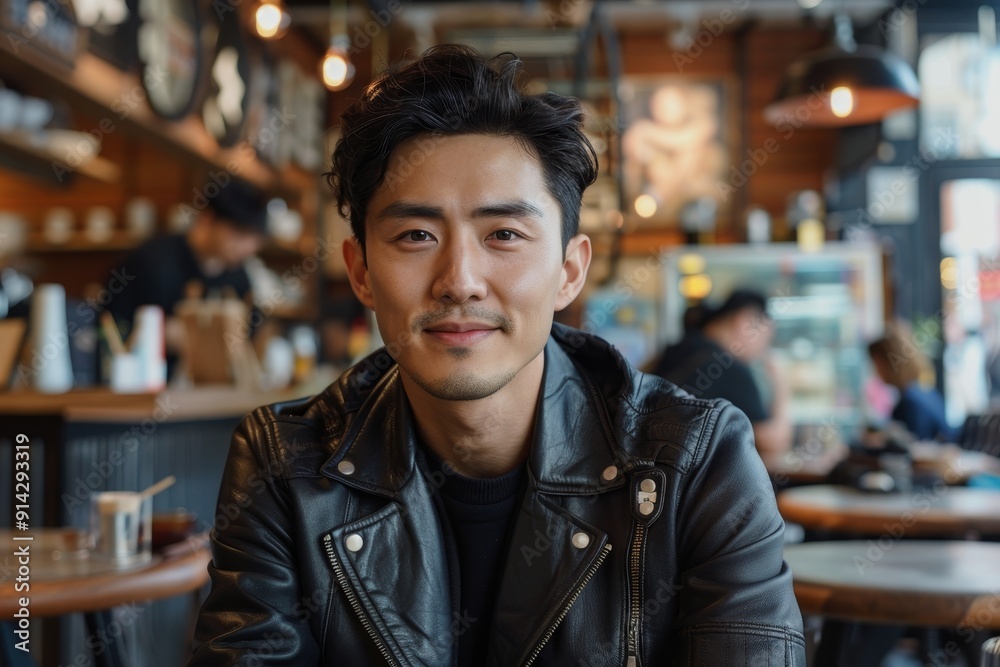 Fototapeta premium An Asian man wearing a leather jacket and jeans, sitting at a cafÃ©