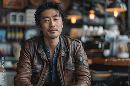 An Asian man wearing a leather jacket and jeans, sitting at a café