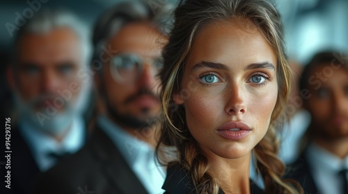 Wallpaper Mural A confident, blue-eyed woman standing in front of a group of professionals, exuding leadership and confidence. The background is slightly blurred, highlighting her presence. Torontodigital.ca