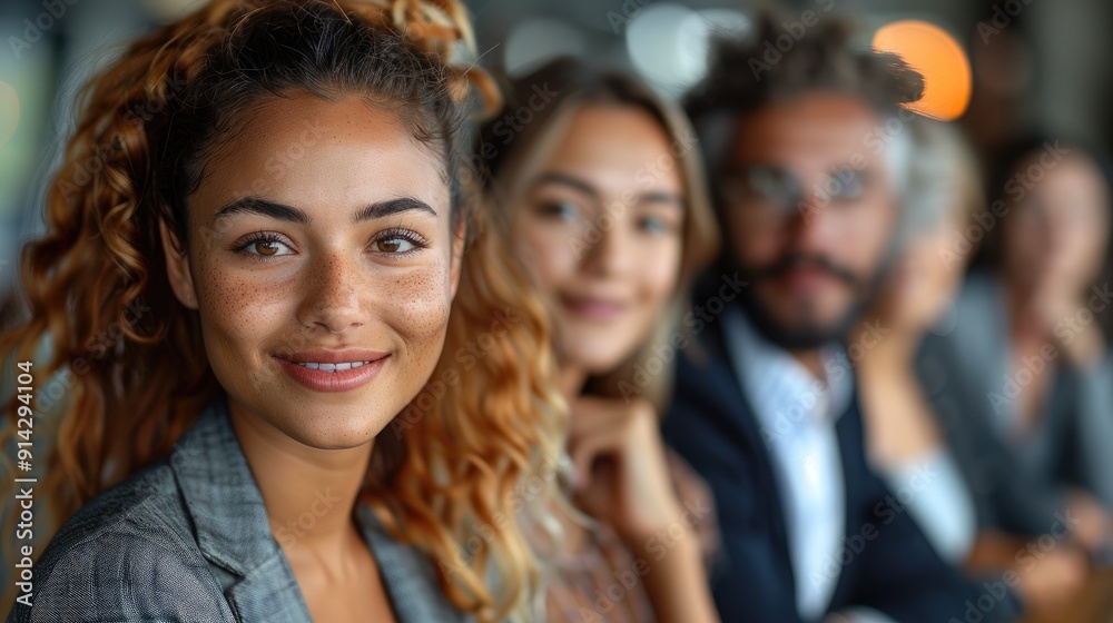 A close-up photograph of a smiling woman with curly hair, showcasing her vibrant personality and confidence, with blurred individuals in the background in an office setting. A close-up photograph of a smiling woman with curly hair, showcasing her vibrant personality and confidence, with blurred individuals in the background in an office setting.