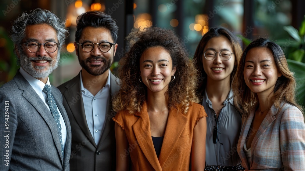 Obraz premium Smiling group of five diverse business professionals standing together, exuding confidence and positivity, captured in a modern office with natural light and greenery.