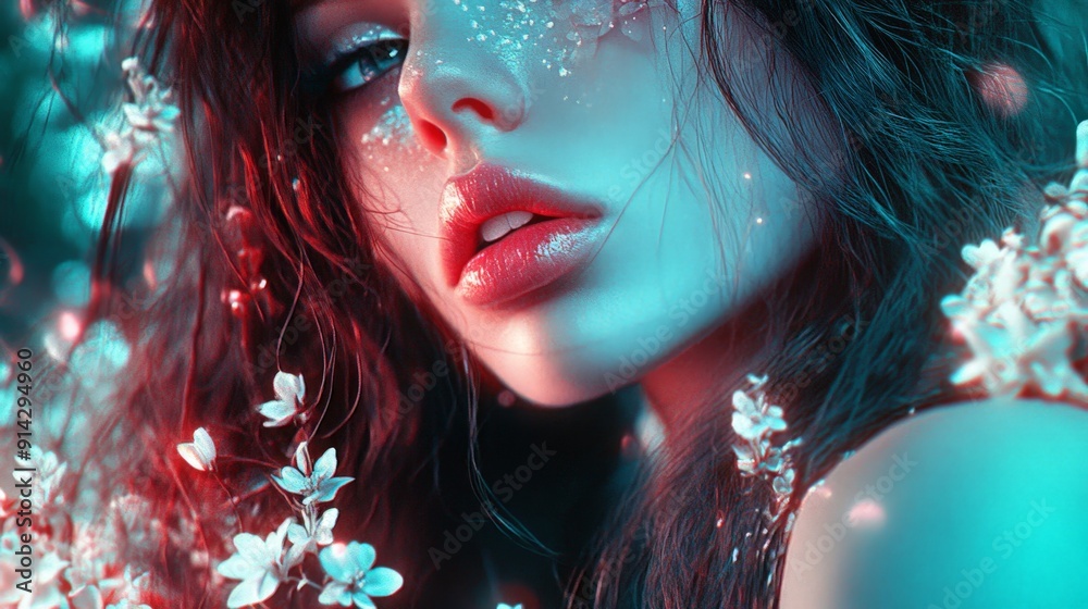 Enchanted Glow Close-up Portrait of a Woman with Glittering Skin and Flowers, Digital Art, Cyan and Red Tones, Fantasy, Beauty, Nature Enchanted Glow Close-up Portrait of a Woman with Glittering Skin and Flowers, Digital Art, Cyan and Red Tones, Fantasy, Beauty, Nature