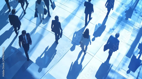 Silhouettes of business professionals walking across an abstract blue office space. The wide-angle perspective captures dynamic shadows and reflections, highlighting the bustling environment of corpor photo