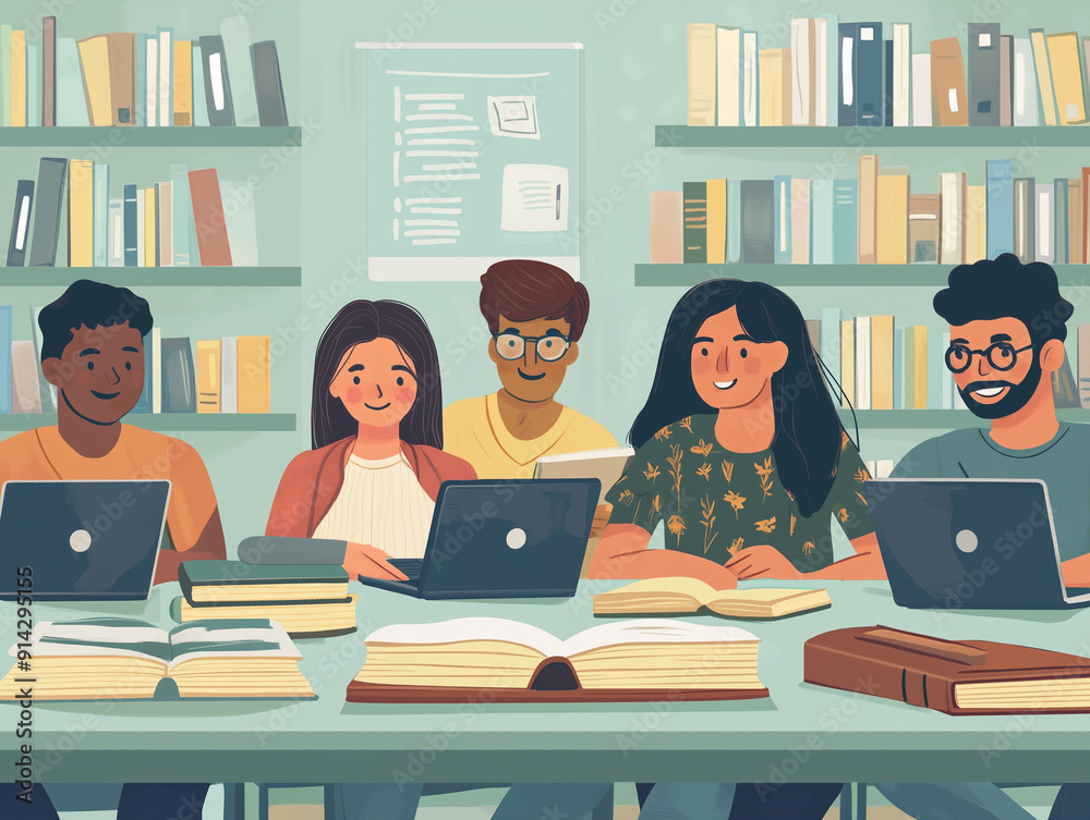 © tisomboon - A diverse group of five students study together at a table in a library. They use laptops and are surrounded by open books and bookshelves
