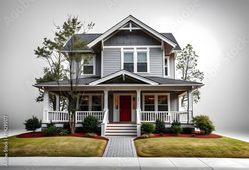 Exterior of a house with front door, white siding, and a covered porch. The house is surrounded by lush green landscaping including trees, shrubs,  photo