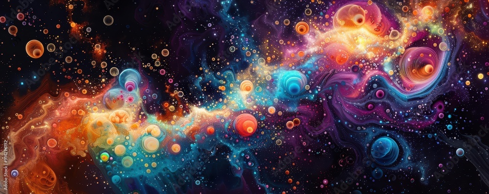 Abstract cosmic nebula with colorful swirling clouds and glowing orbs Abstract cosmic nebula with colorful swirling clouds and glowing orbs