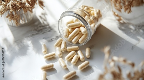 Detailed Coenzyme Q10 with PQQ: A zoomed-in shot of Coenzyme Q10 capsules with PQQ (Pyrroloquinoline Quinone) in a clear bottle, featuring seeds and a detailed view of the capsules.