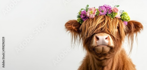 Wallpaper Mural Highland Cow Portrait with Flower Crown - Close-up of a fluffy brown Highland cow wearing a wreath of pink and purple flowers against a white background. Scottish, farm animal, cute, adorable, fluffy, Torontodigital.ca