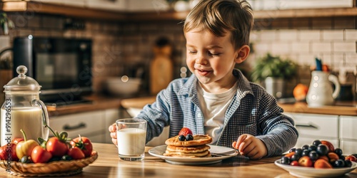 Boy enjoying breakfast pancakes in cozy kitchen
