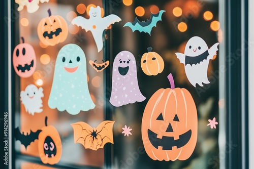 house window decorated with colorful, kid friendly Halloween stickers and decals photo
