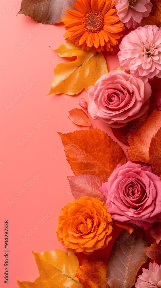Obraz premium High-detail flat lay of pastel-toned leaves and flowers arranged with precise clean lines for a minimal and stylish composition Stock Photo with copy space