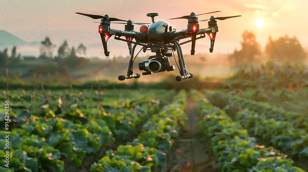 Drone Flying Over a Field of Crops at Sunset Drone Flying Over a Field of Crops at Sunset