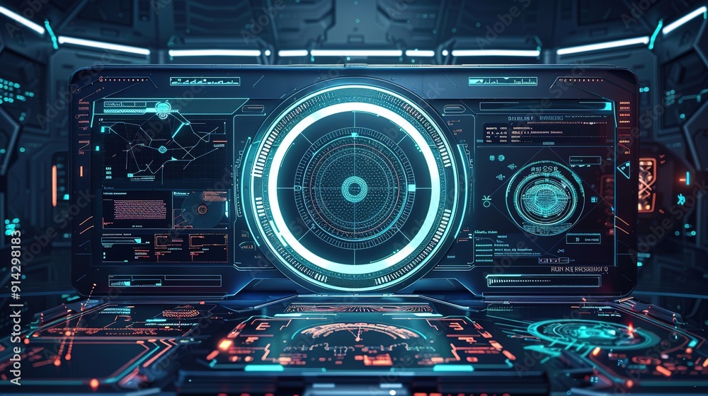 futuristic monitor screen interface, target aim control dashboard,crosshair display. HUD technology and space game UI virtual panel with shooting radar and target aim controls on screen