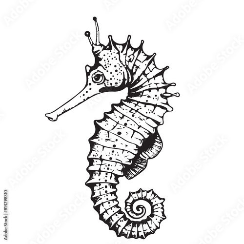 Vector seahorse black and white illustration. Tropical underwater animal from oceans and seas. Hippocampus fish monochrome sketch for marine nautical prints