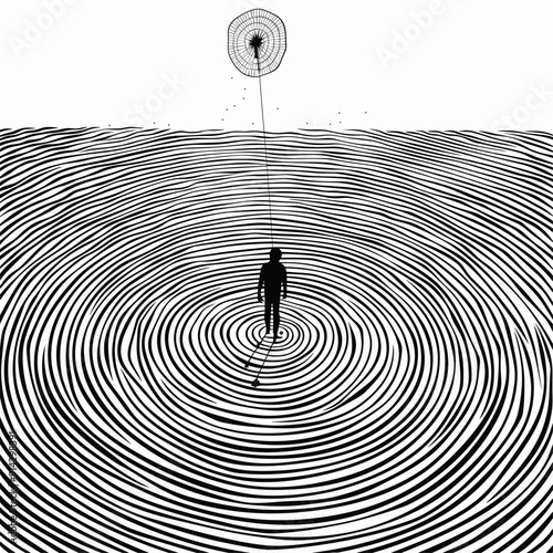 Surreal kite surfer riding a dandelion seed through hypnotic black and white spirals.
