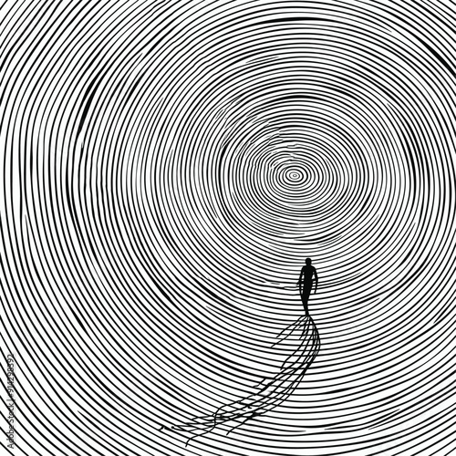 Surreal kite surfer riding a dandelion seed through hypnotic black and white spirals.
