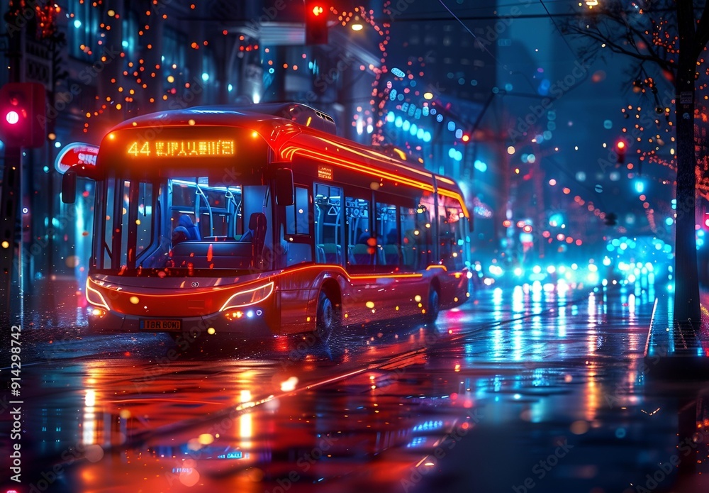 Obraz premium A red bus travels down a rainy street at night.