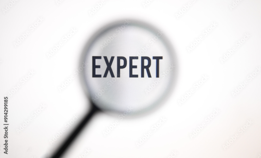 Word expert on screen through magnifying glass close-up Word expert on screen through magnifying glass close-up