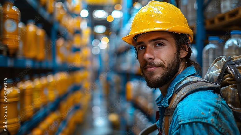 A young man wearing a hard hat smiles while surrounded by brightly colored storage containers in a large warehouse A young man wearing a hard hat smiles while surrounded by brightly colored storage containers in a large warehouse