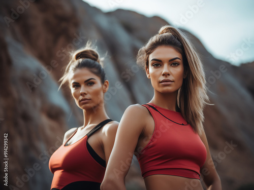 Concentrated young sportswomen stretching together outside photo