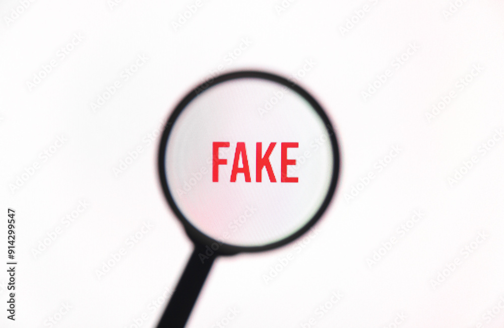 Word fake on screen through magnifying glass close-up Word fake on screen through magnifying glass close-up