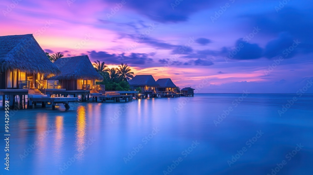 Obraz premium Luxurious overwater bungalows in a tropical paradise at dusk