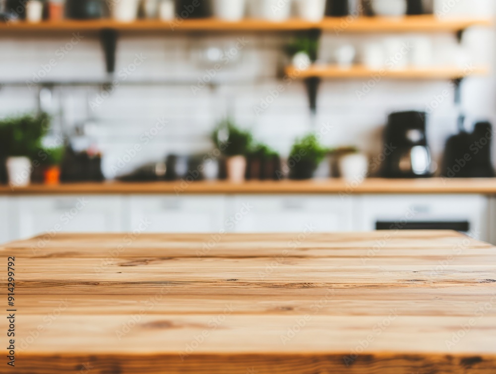 Perspective View of Wooden Tabletop in a Blurred Kitchen Setting - Interior Design, Table Decor, Kitchen Mockup, Home Staging Perspective View of Wooden Tabletop in a Blurred Kitchen Setting - Interior Design, Table Decor, Kitchen Mockup, Home Staging