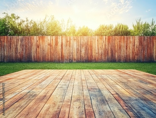 Wallpaper Mural Perspective Low angle Composition Wooden planks leading to a wooden fence Image details Warm, rustic, inviting, sunny Concept Outdoor patio, backyard, wooden deck, summer Torontodigital.ca