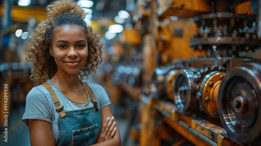 A young woman with curly hair stands confidently next to large machinery, showcasing her skills and attitude in the industrial workspace A young woman with curly hair stands confidently next to large machinery, showcasing her skills and attitude in the industrial workspace
