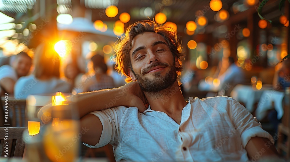 Fototapeta premium A young man sits comfortably at an outdoor restaurant, enjoying the warm golden light and lively ambiance of the evening