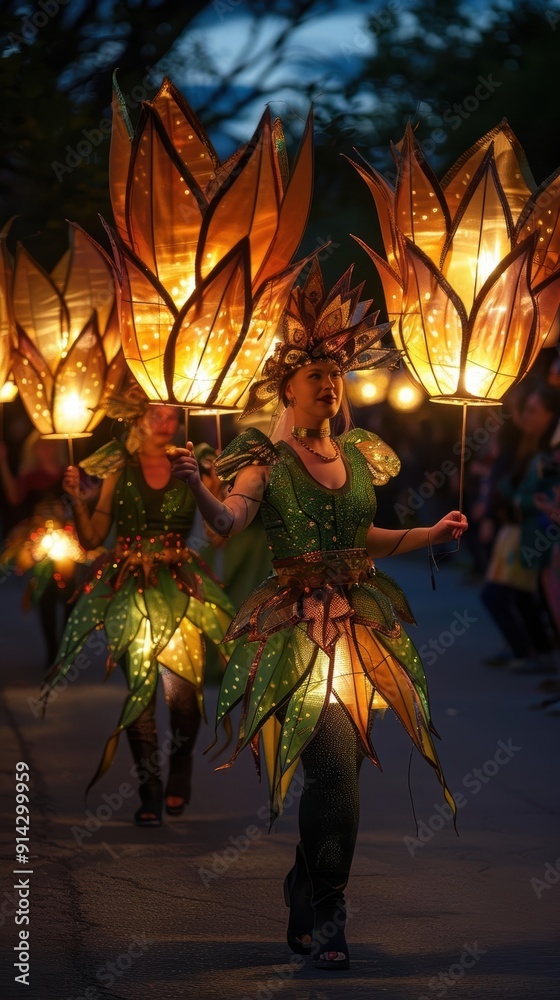 Naklejka premium A lantern parade with illuminated lanterns, music, and community participation
