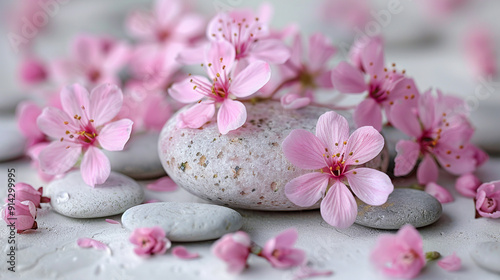 several smooth grey stones with soft pink flowers scattered around them.