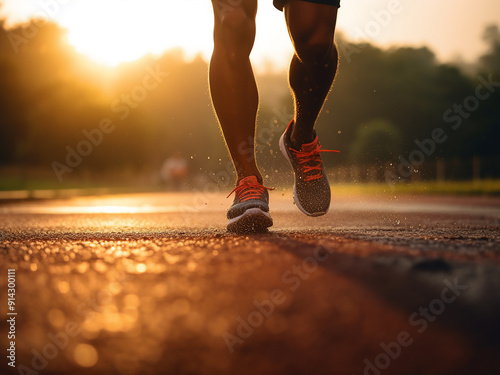 Legs of a runner on a park track at sunset during a summer evening
