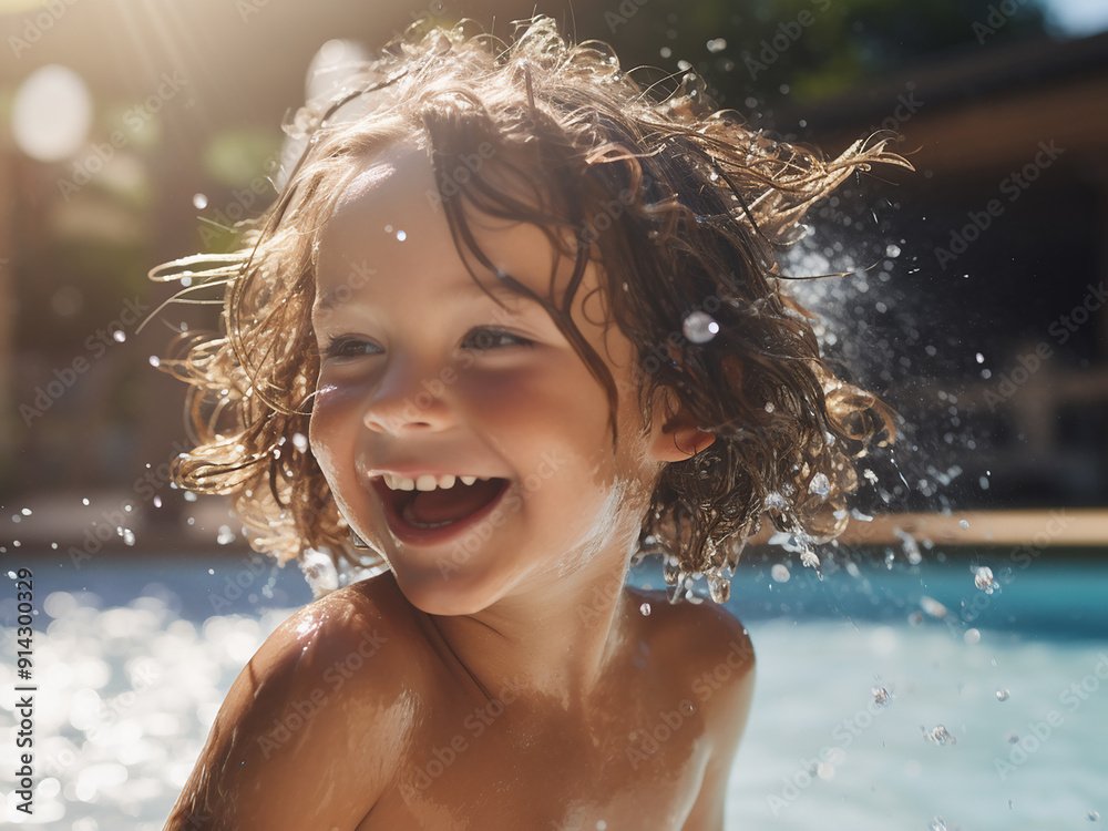 Fototapeta premium Little girl has fun spraying water in the swimming pool during summer
